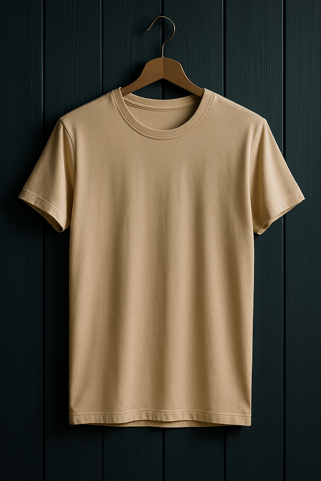 Beige t-shirt on a wooden hanger against a dark wooden panel background
