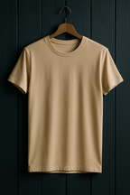 Beige t-shirt on a wooden hanger against a dark wooden panel background
