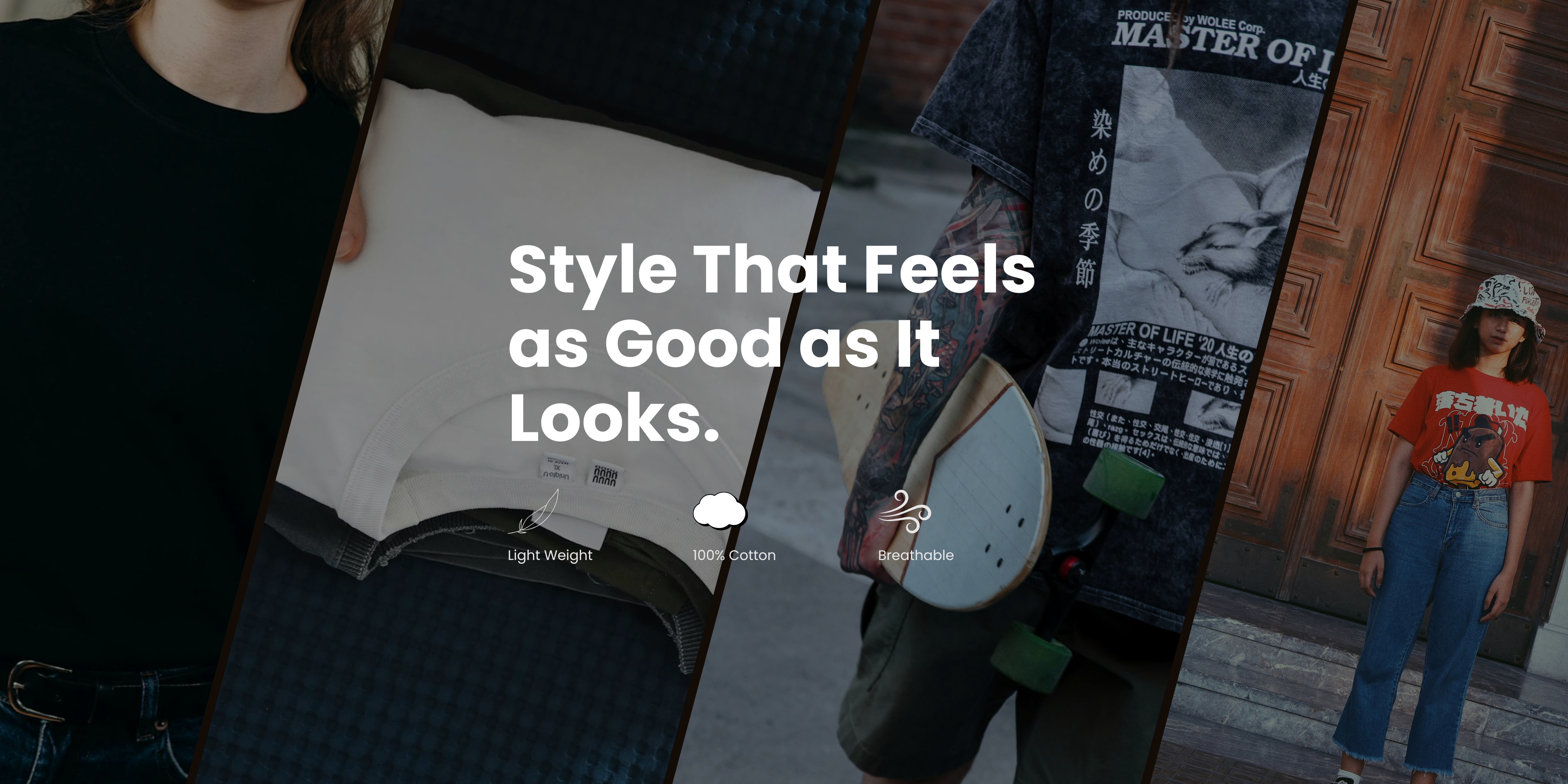 Promotional graphic with text 'Style That Feels as Good as it Looks.' and images of people wearing stylish clothing.