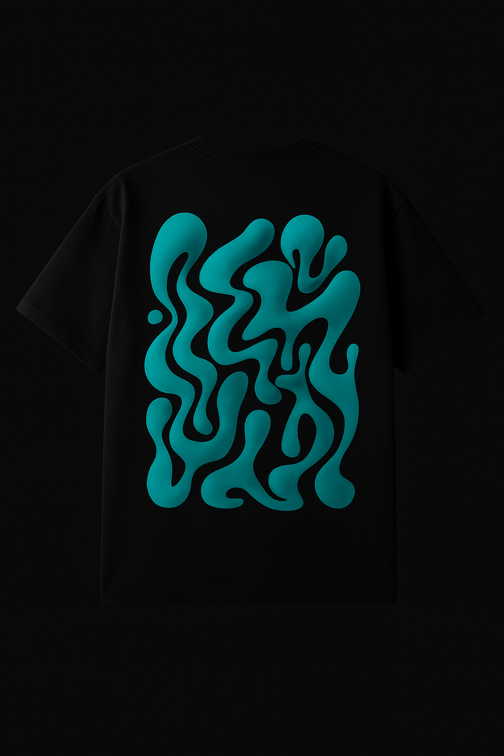 Black t-shirt with blue abstract design on a black background
