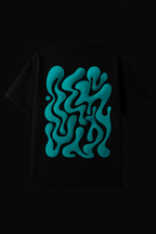 Black t-shirt with blue abstract design on a black background