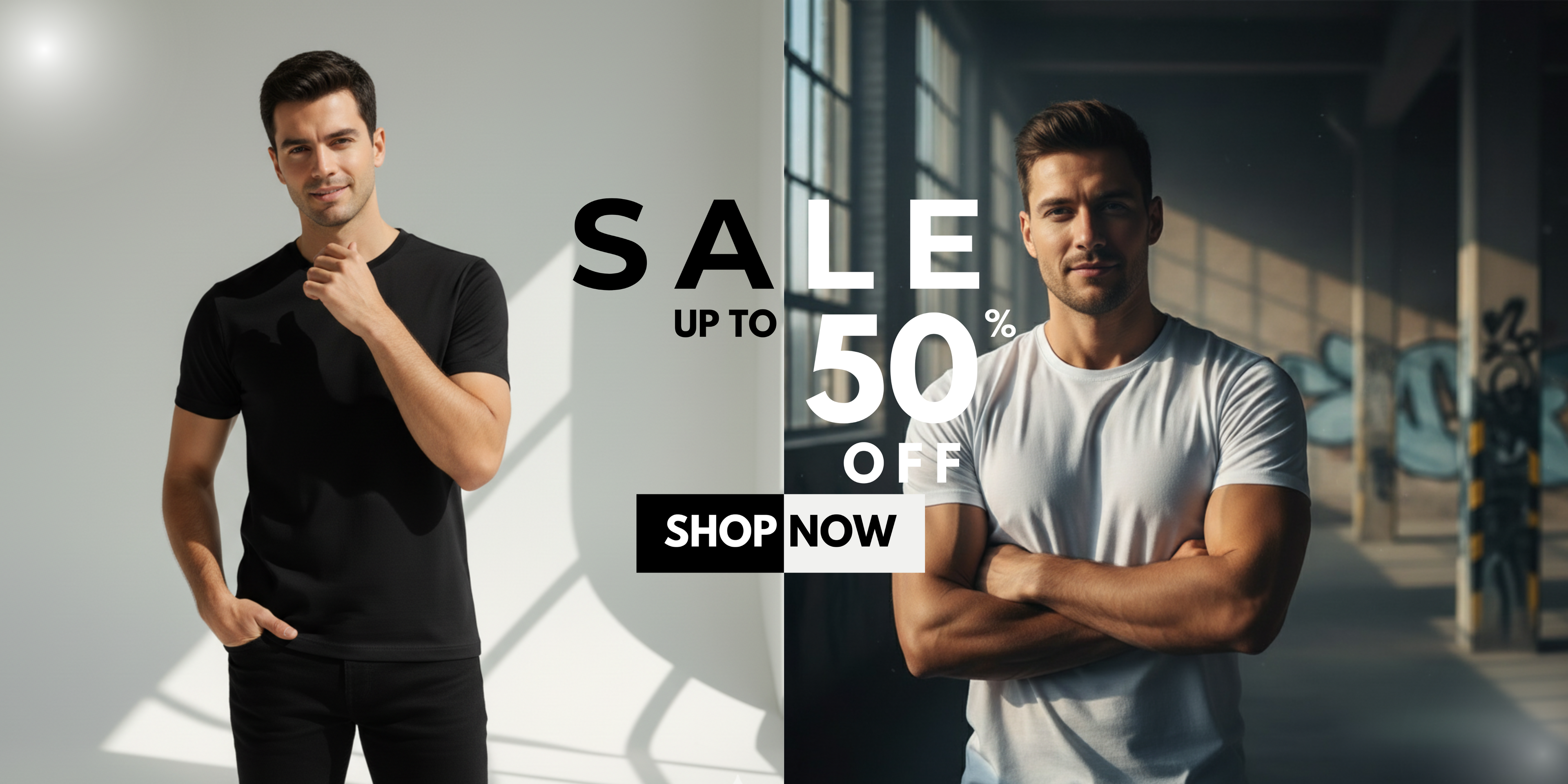 Two men in black and white clothing with a sale banner in the center.