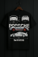 Black t-shirt with Porsche 911 GT3 RS design on a hanger against a dark background