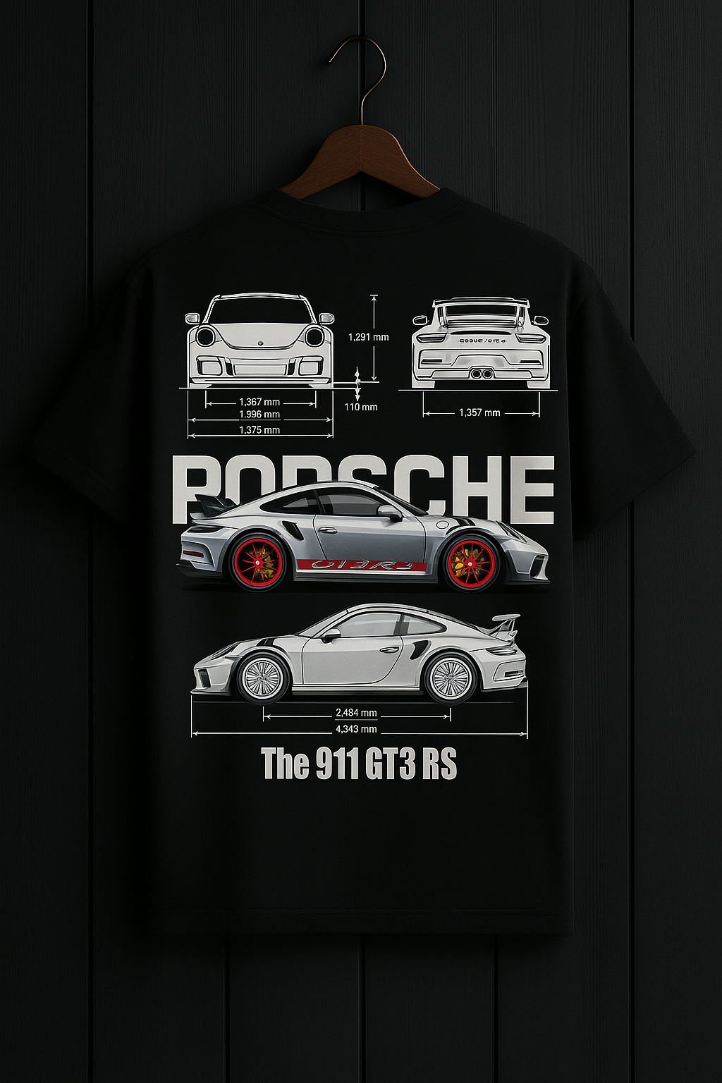 Black t-shirt with Porsche 911 GT3 RS design on a hanger against a dark background