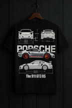 Black t-shirt with Porsche 911 GT3 RS design on a hanger against a dark background