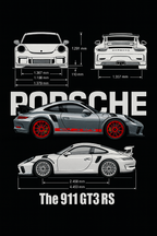 Technical drawing and illustration of a Porsche 911 GT3 RS with dimensions on a black background.