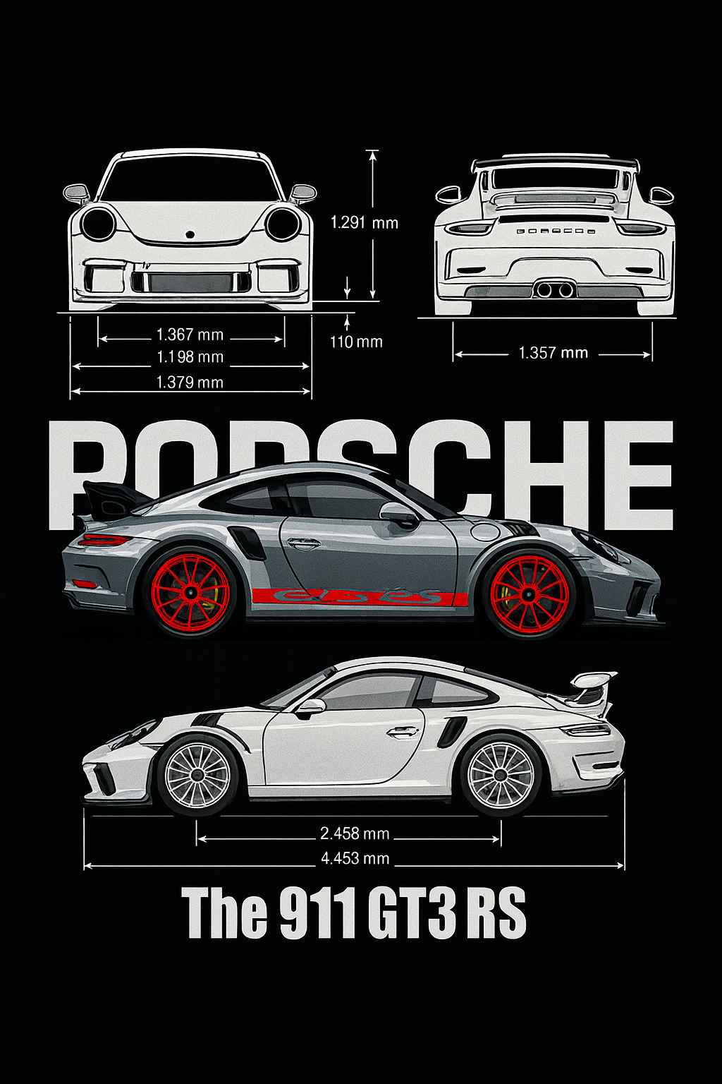 Technical drawing and illustration of a Porsche 911 GT3 RS with dimensions on a black background.