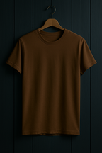 Brown t-shirt on a wooden hanger against a dark wooden panel background