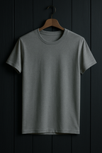 Gray t-shirt on a wooden hanger against a dark wooden panel background