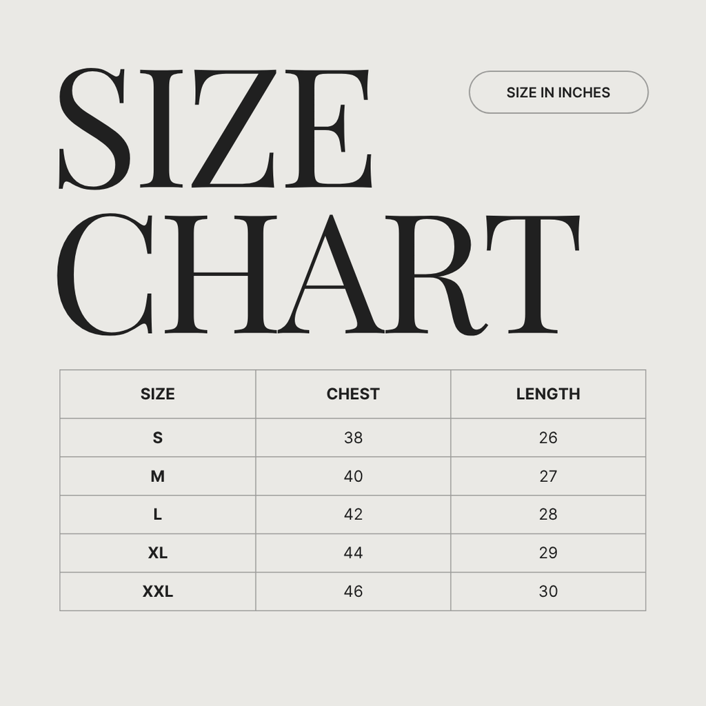 Size chart for clothing with chest and length measurements in inches.