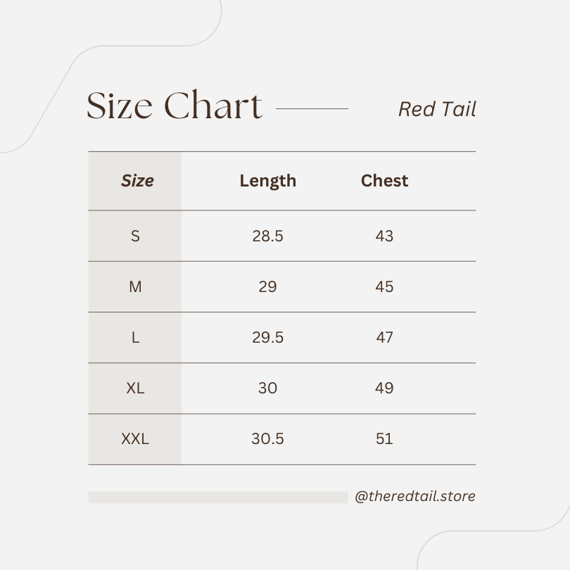 Size chart for clothing with 'Red Tail' branding