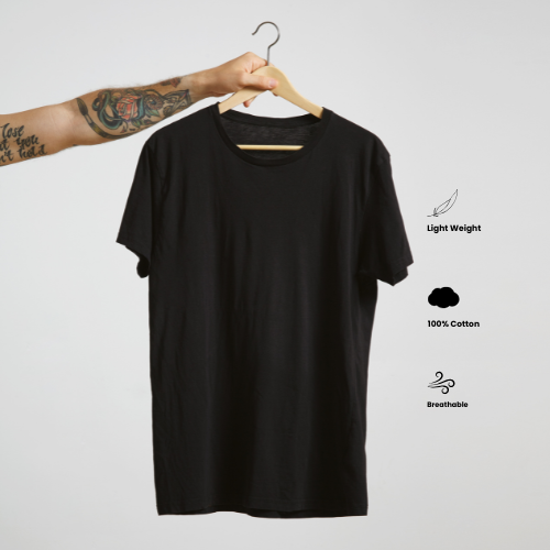 Black t-shirt on a hanger with text indicating light weight, 100% cotton, and breathable properties.