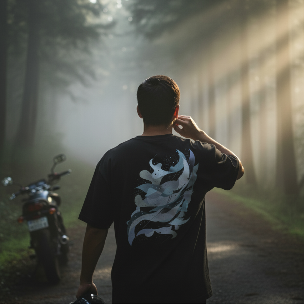 Man standing in a forest with a motorcycle, wearing a black t-shirt with a white design.