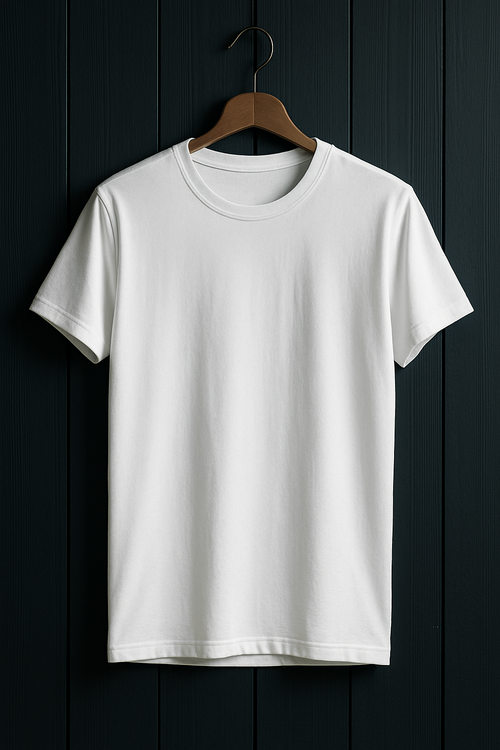 White t-shirt on a wooden hanger against a dark wooden background