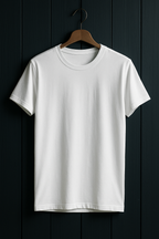 White t-shirt on a wooden hanger against a dark wooden background