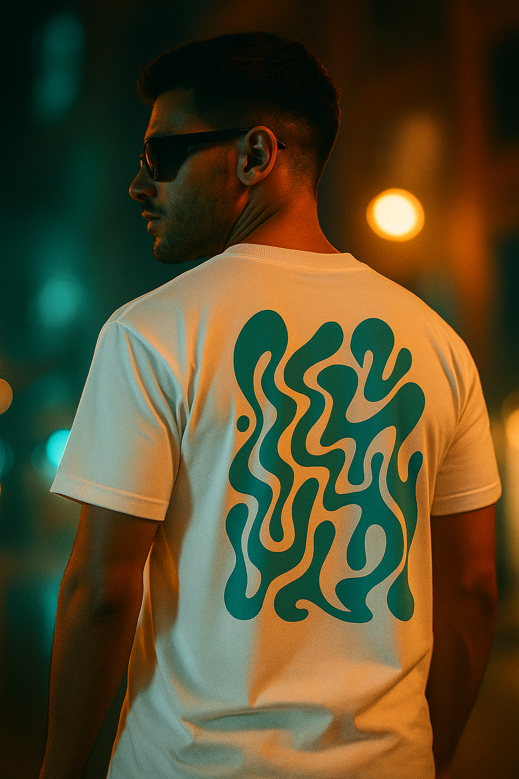 Person wearing a white t-shirt with a green abstract design on the back, standing against a blurred background.